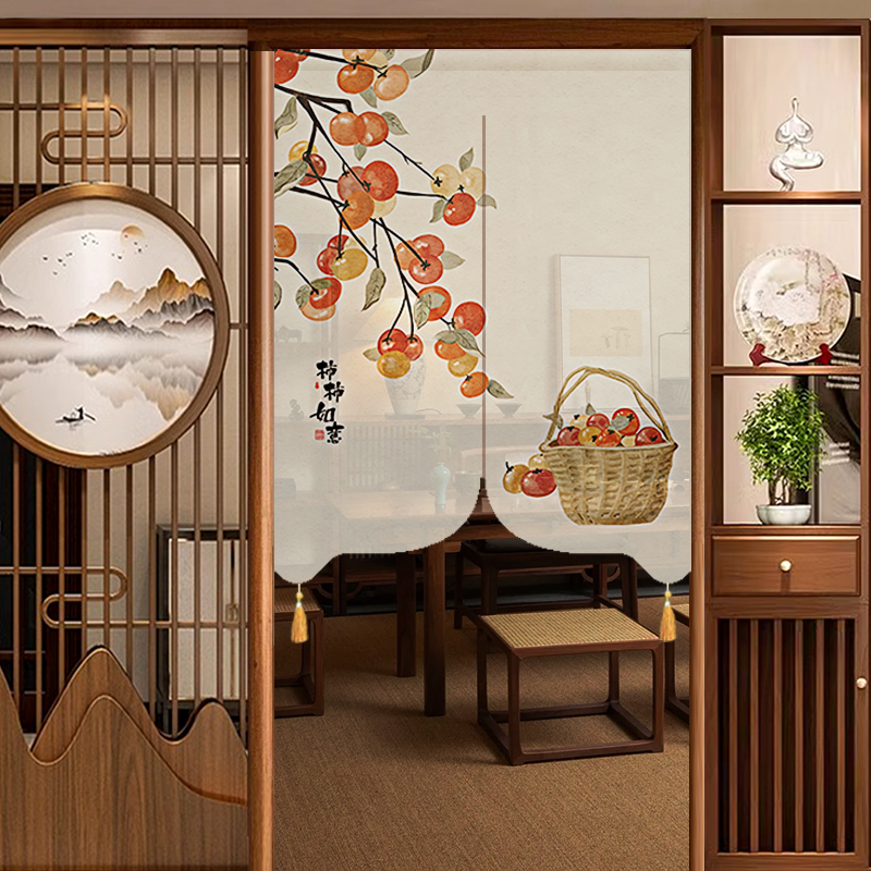 门帘竹节纱印花四季通用房间隔断遮挡帘家用免打孔布艺半帘隐私帘