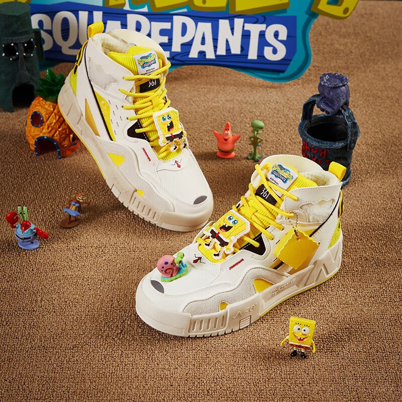 361海绵宝宝联名女款加绒高帮板鞋2025年新款保暖舒适女鞋革面鞋