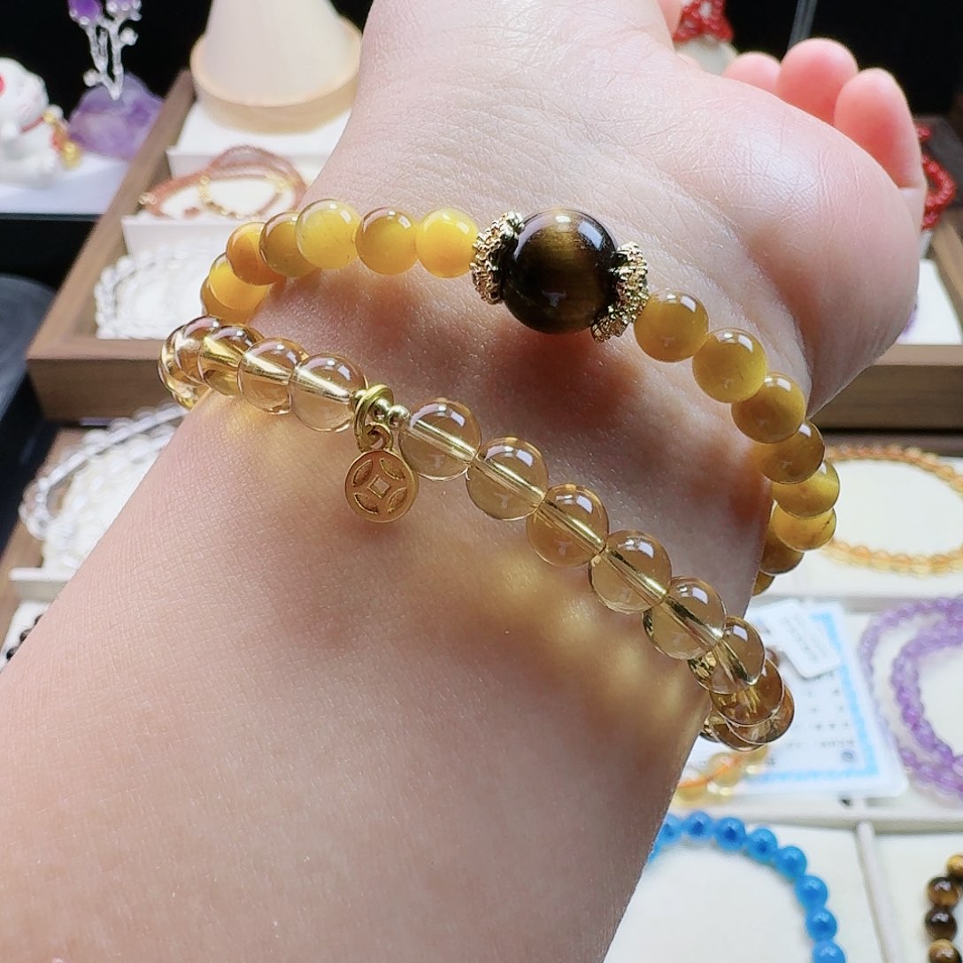 水晶手链未镶嵌黄水晶金虎眼双圈