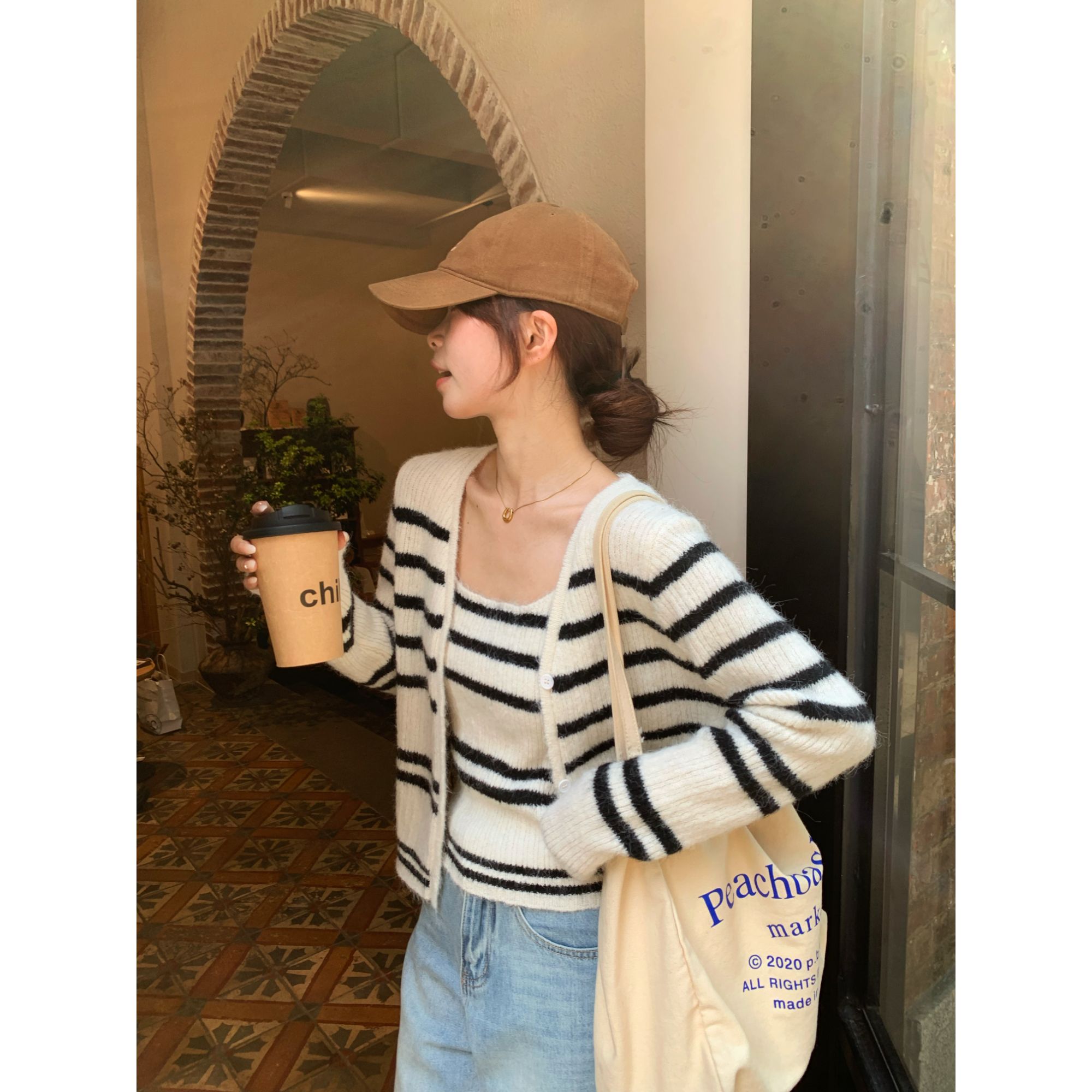 【C·Cai】法式拼接撞色条纹开衫8808#内搭➕条纹背心上衣两件套