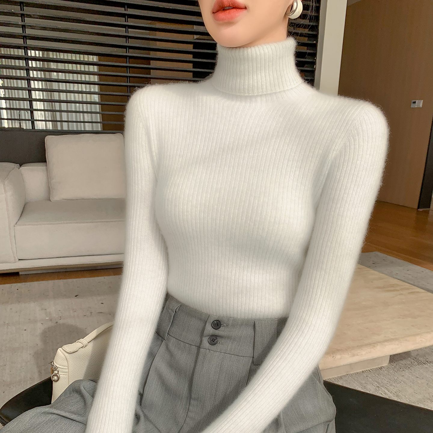 ~一线成衣~抽条高翻领女士山羊绒衫堆堆领套头毛衣修身打底针织衫