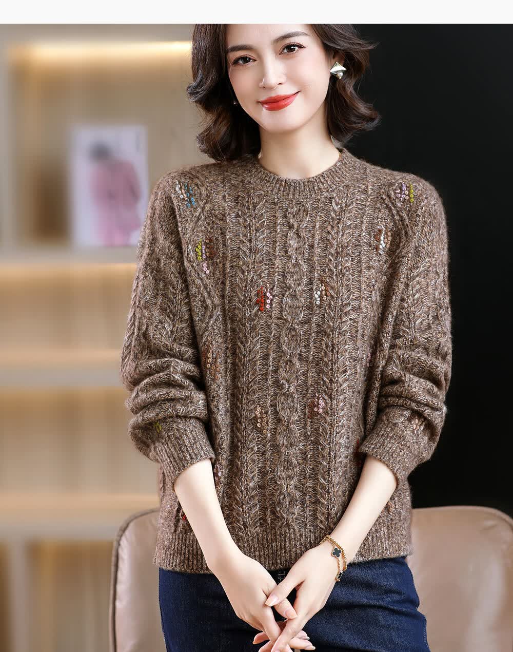 不褪色女钩花百搭春秋秋冬女士长袖洋气镂空宽松加加厚时尚圆领