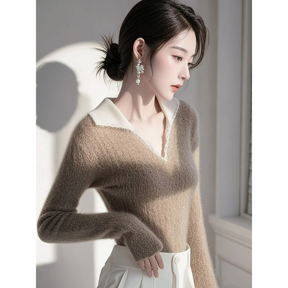 YY#韩版翻领长袖打底衫毛衣女时尚气质独特别致修身显瘦DY12500