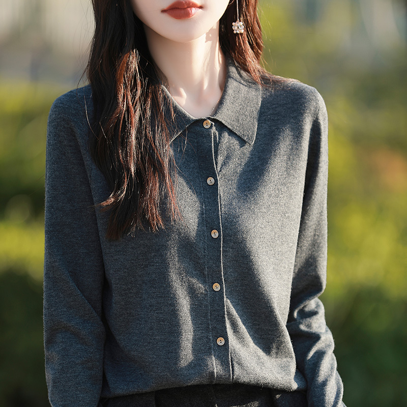 精细羊毛女Polo领针织打底开衫翻领长袖百搭秋季洋气宽松毛衣外套