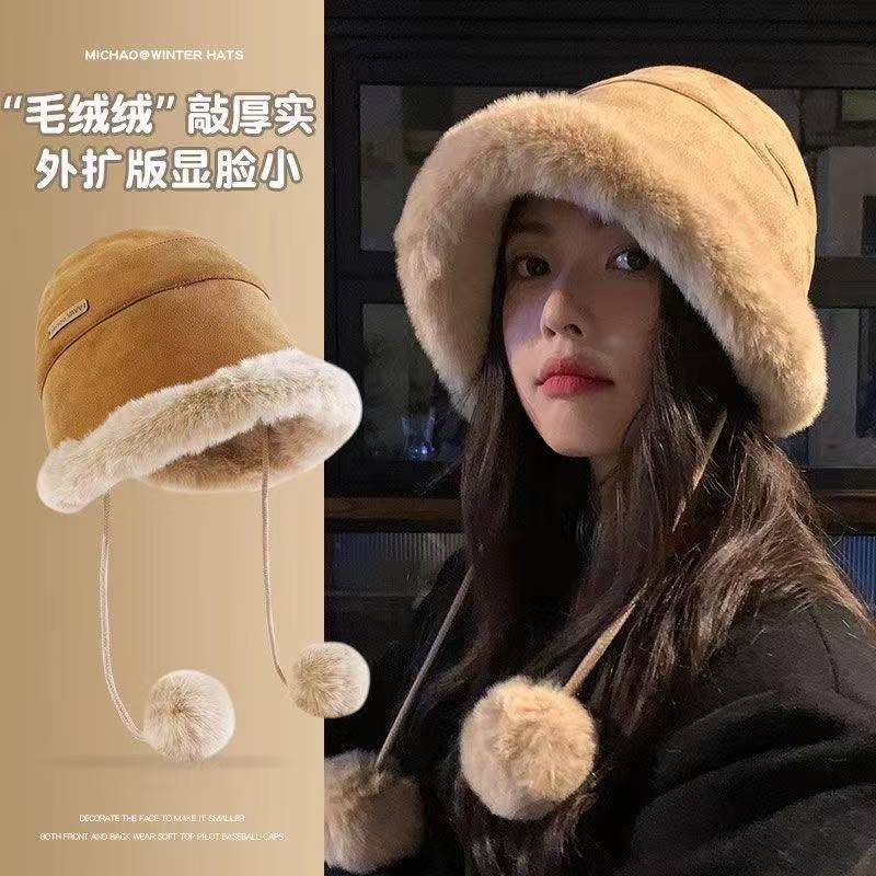 极简风宽檐秋冬女渔夫帽加厚加绒时尚百搭帽子显脸小毛绒韩版