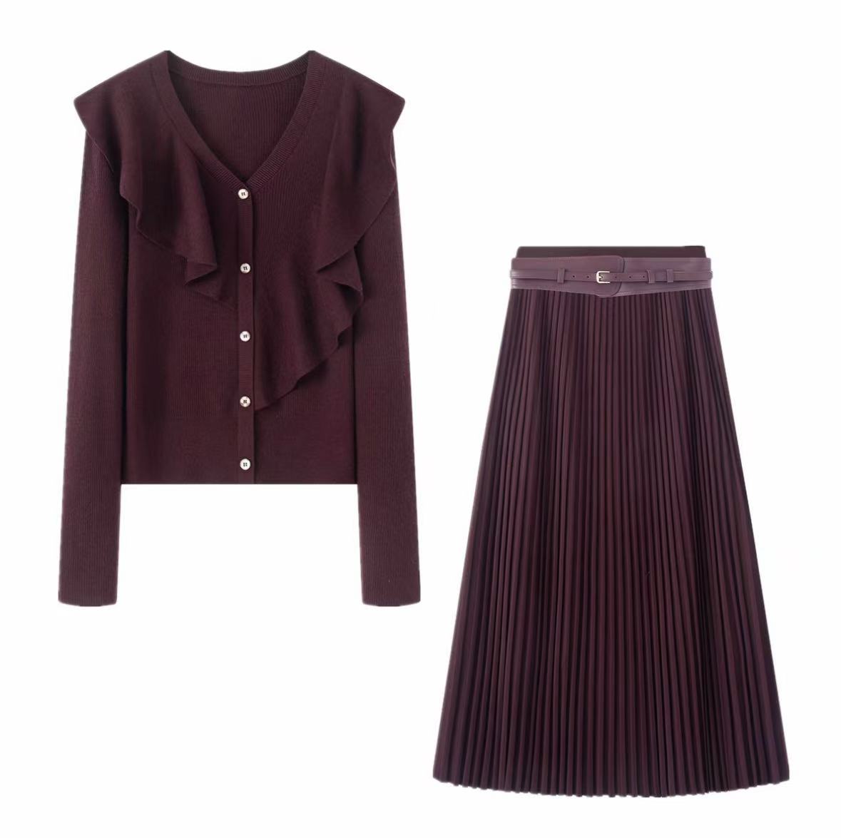 1艾家秋冬装新款时尚简约气质V领荷叶边开衫半裙套装01569/0771