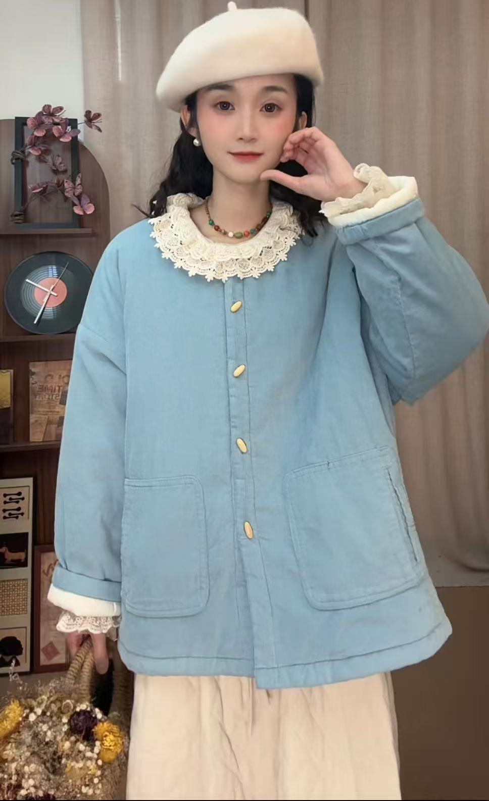 日系复古百搭加厚圆领灯芯绒棉服外套
