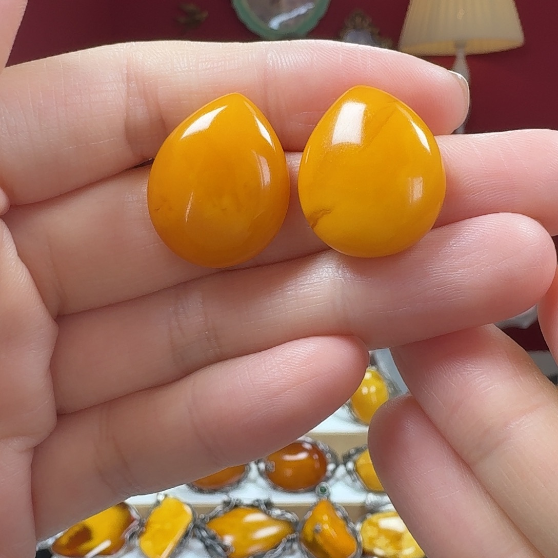 蜜蜡银S925镶嵌耳饰耳钉