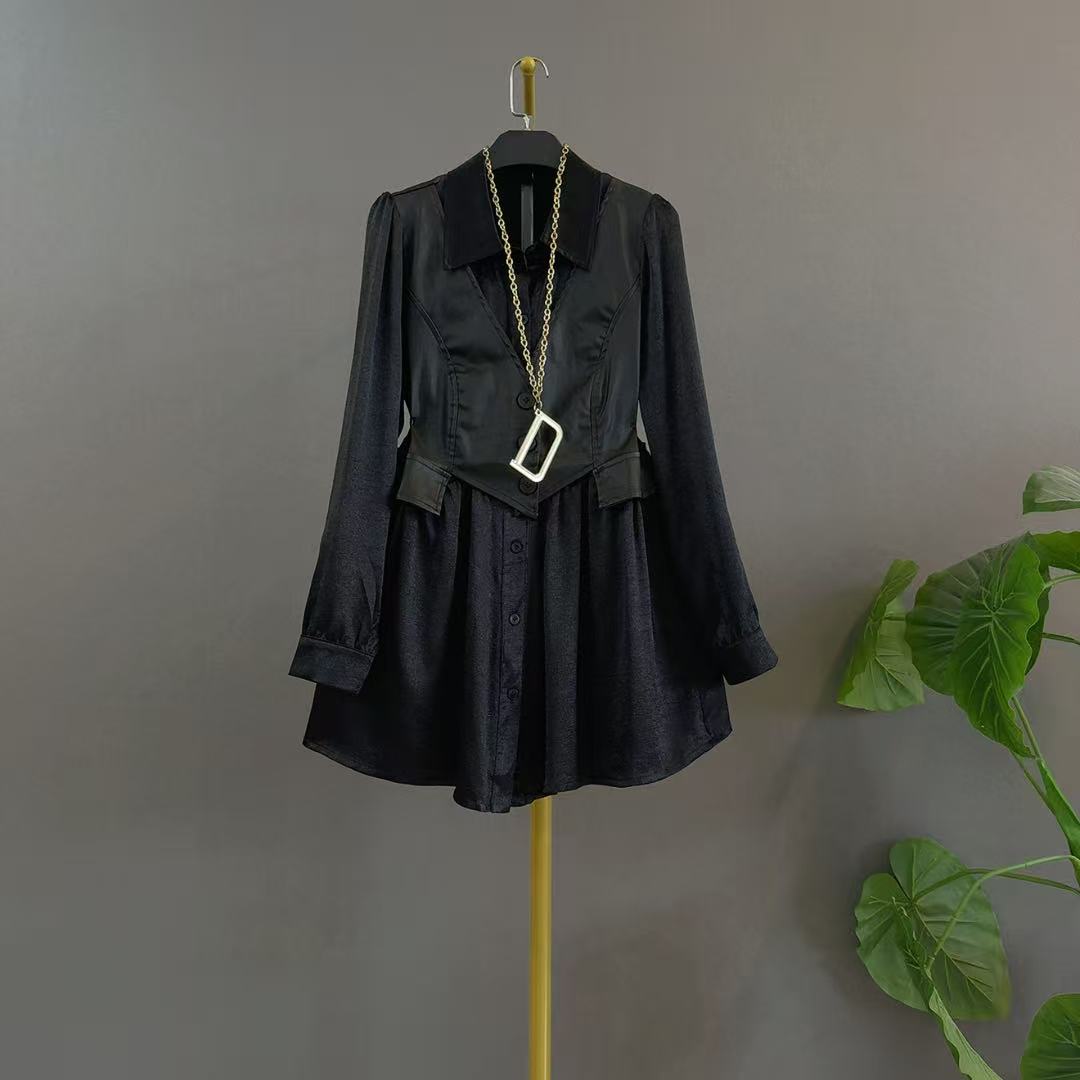 立体裁剪上衣大码休闲厚款秋季复古气质长袖POLO领拼接设计款衬衫