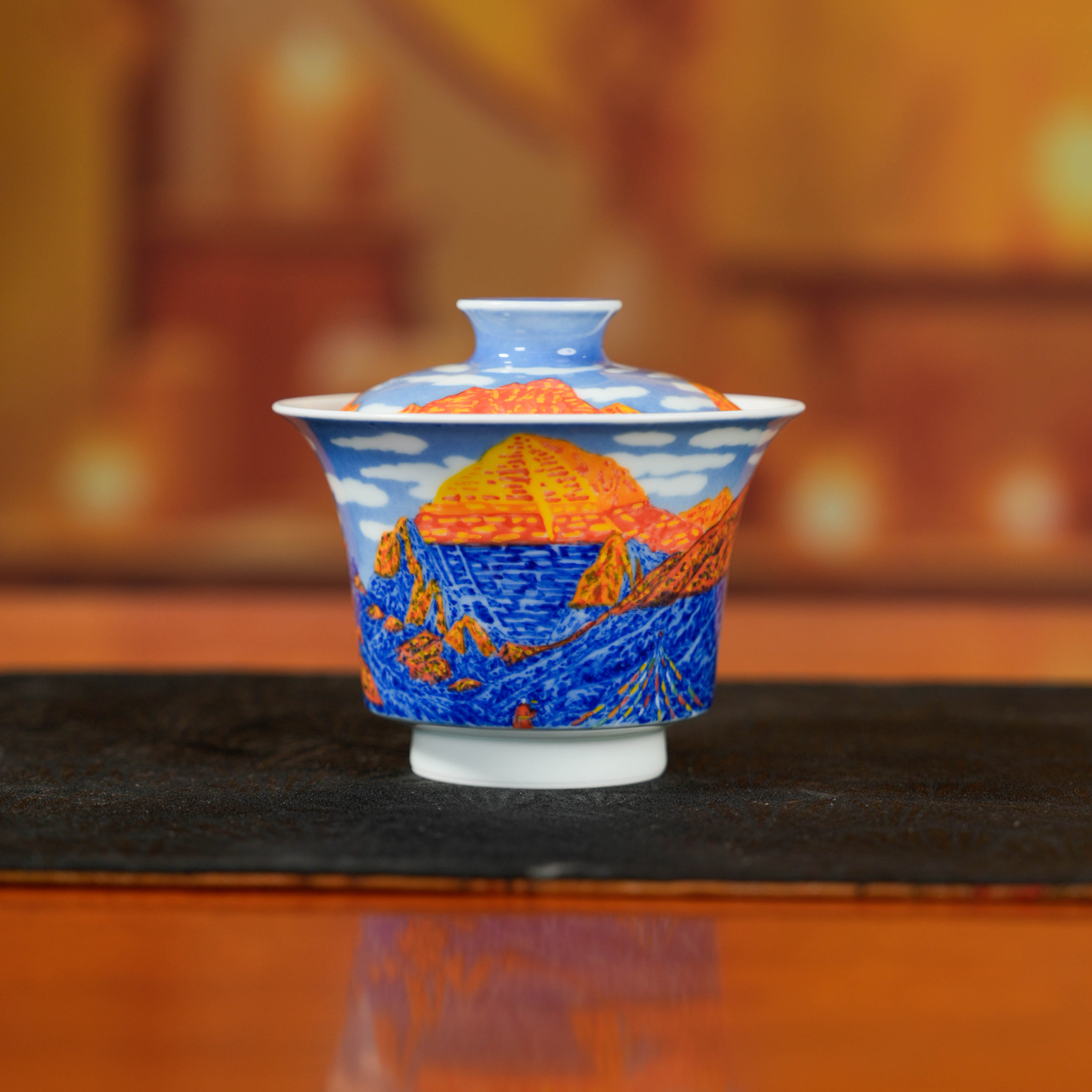 【小乔赏瓷】清三青花山水马蹄盖碗冈仁波齐qs150