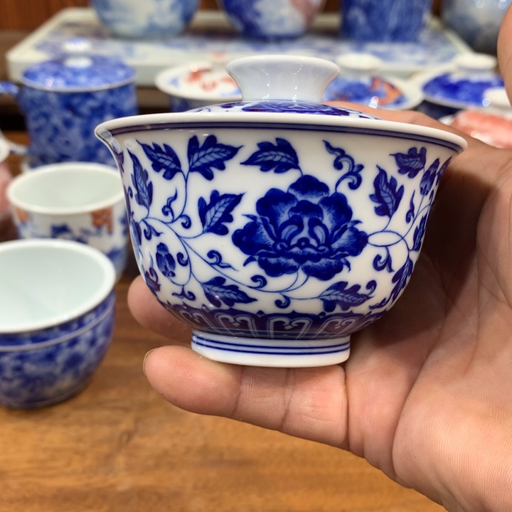 柴窑青花山茶花盖碗