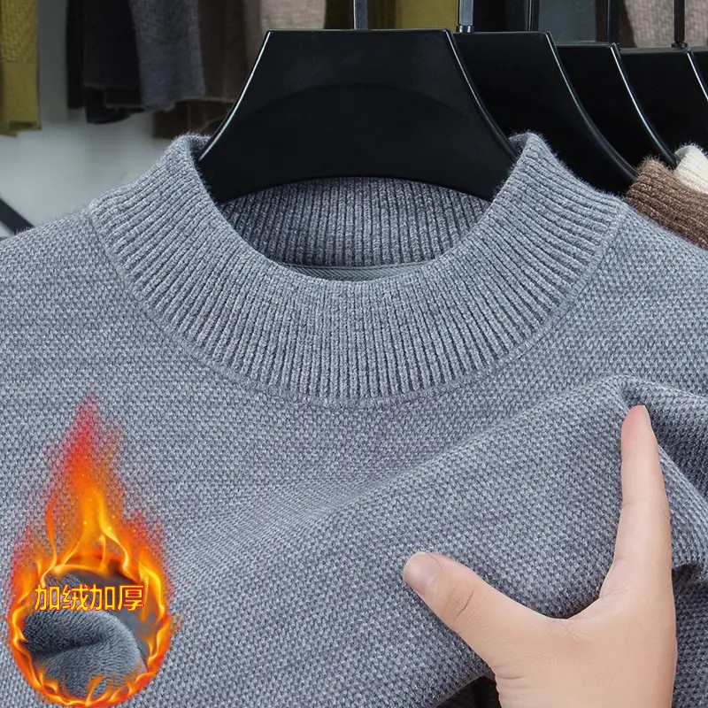[一体绒]半高领加绒加厚男士毛衣新款男装潮冬季保暖针织打底衫
