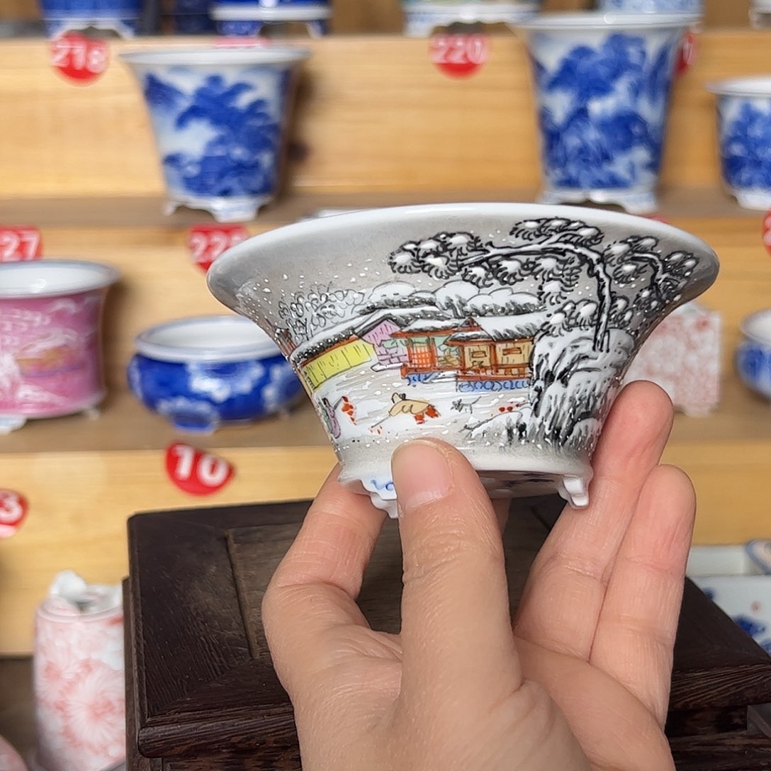陶摆件墨奈手绘陶瓷花盆内口9.3高5