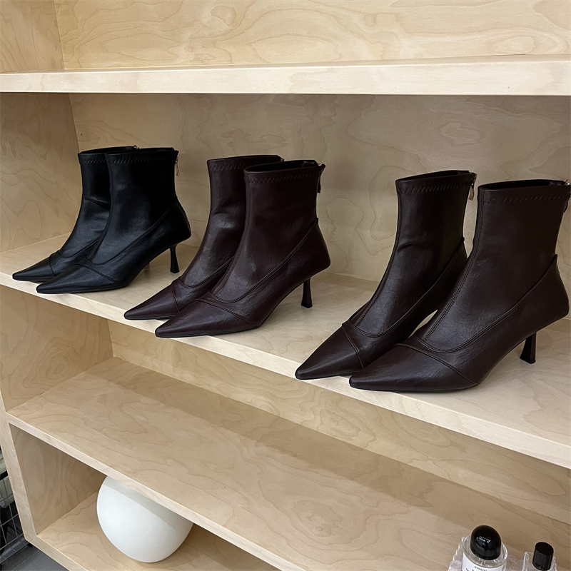 [三种跟高]法式尖头细跟后拉链短靴女秋冬单靴气质百搭细跟瘦瘦靴