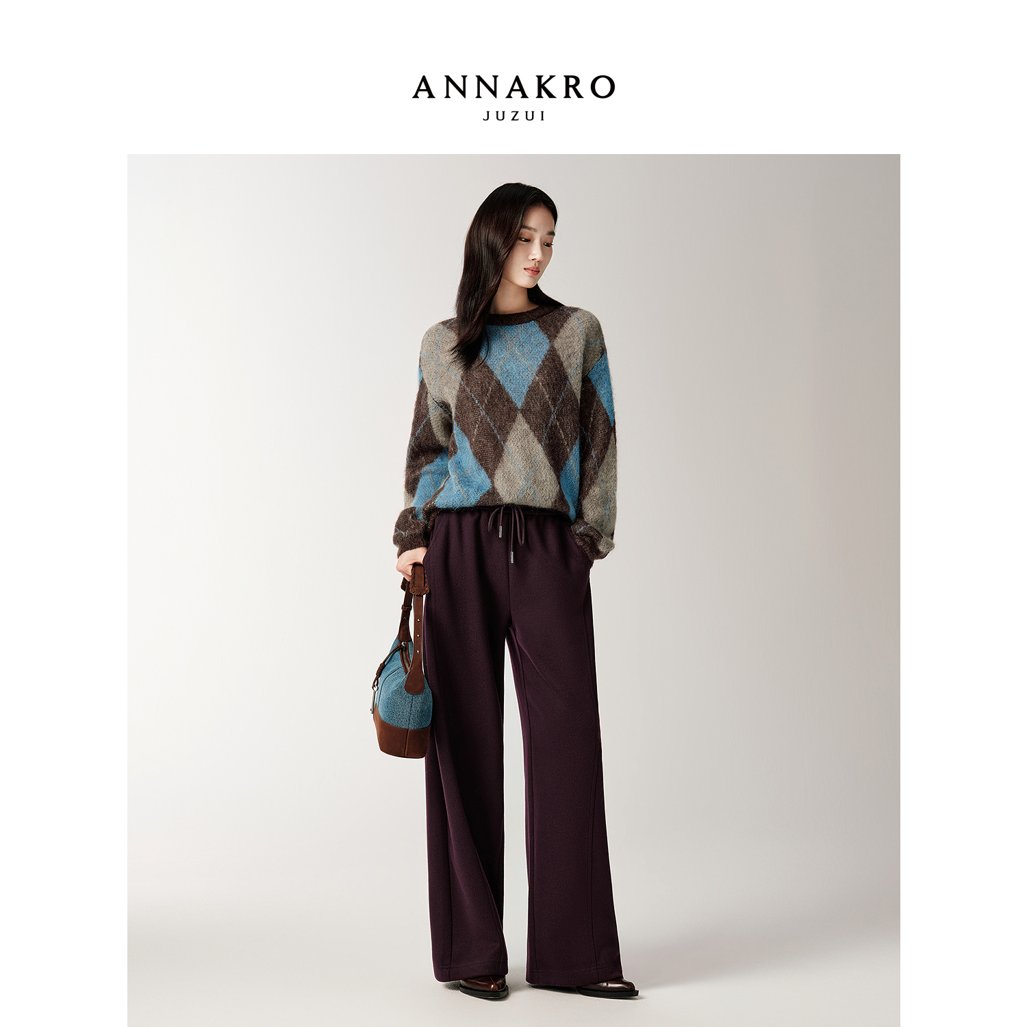 玖姿安娜蔻羊毛落肩针织衫女2025冬新款布尔乔亚格纹KWFD31008