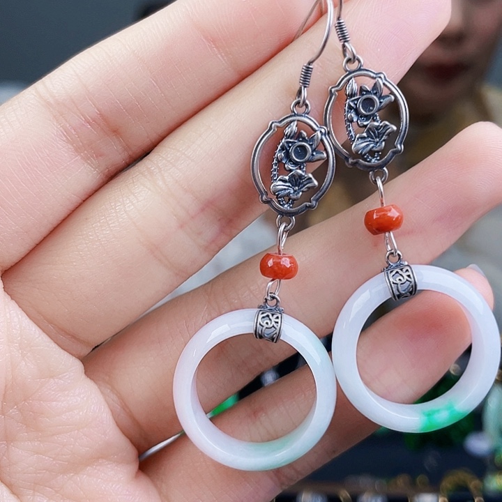 翡翠耳饰银S925镶嵌饰品