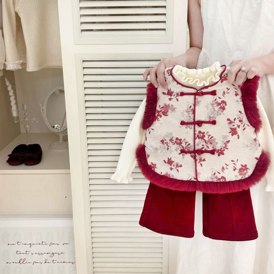 2025新款潮童女宝过年加绒唐装套装女童国风夹棉马甲长裤拜年服