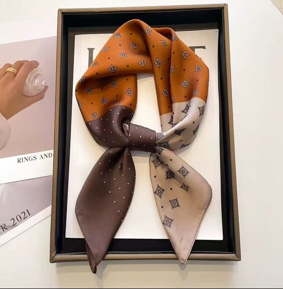 B27【咖色三拼】 方巾发带丝巾波点韩版百搭文艺