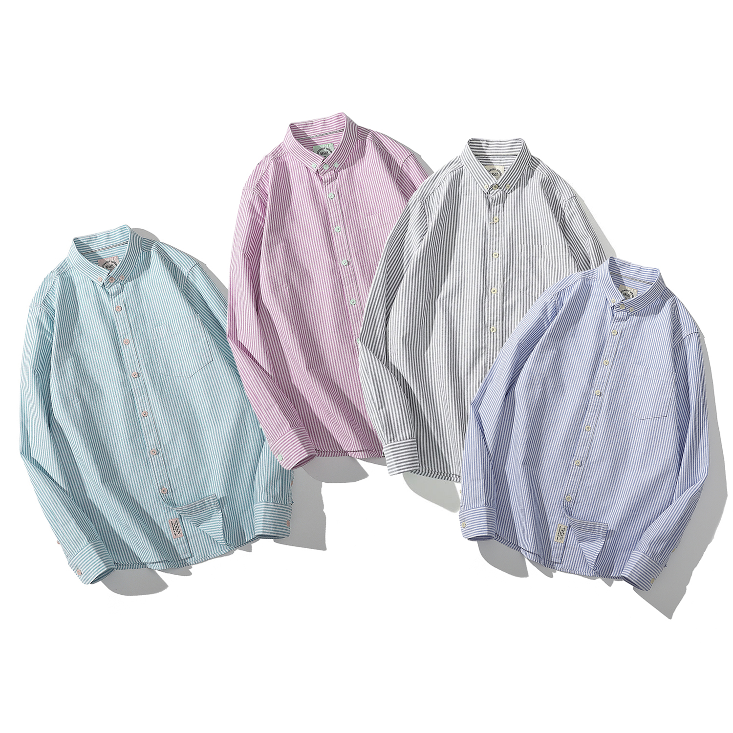 巴司司衬衫牛津蓝条纹长袖男女同款休闲百搭翻领蓝白竖条纹衬衣