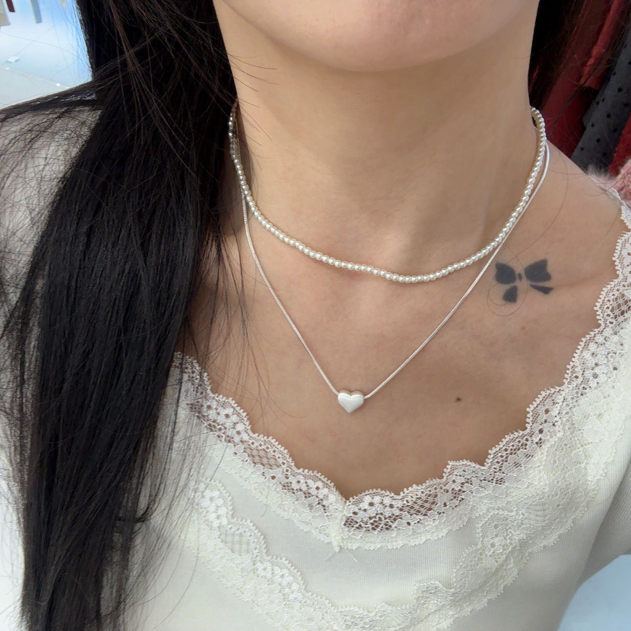 钛钢项链 双链珠珠爱心