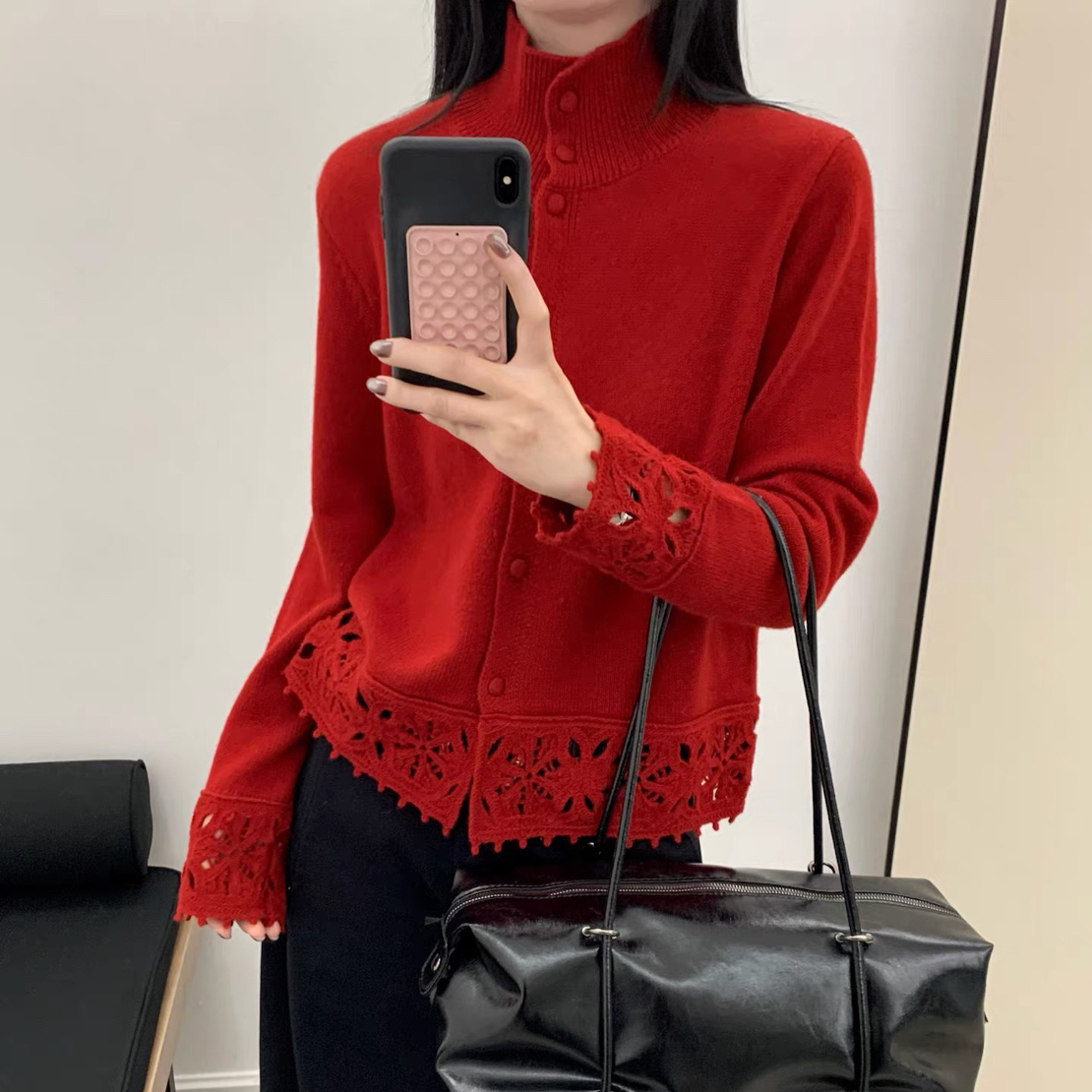 【MY】冬季新款蕾丝钩花全毛打底毛衣宽松显瘦红毛衣