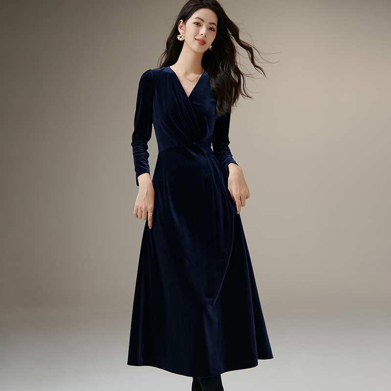 晚白【新品】2025V领收腰裙子百搭连衣裙25071030