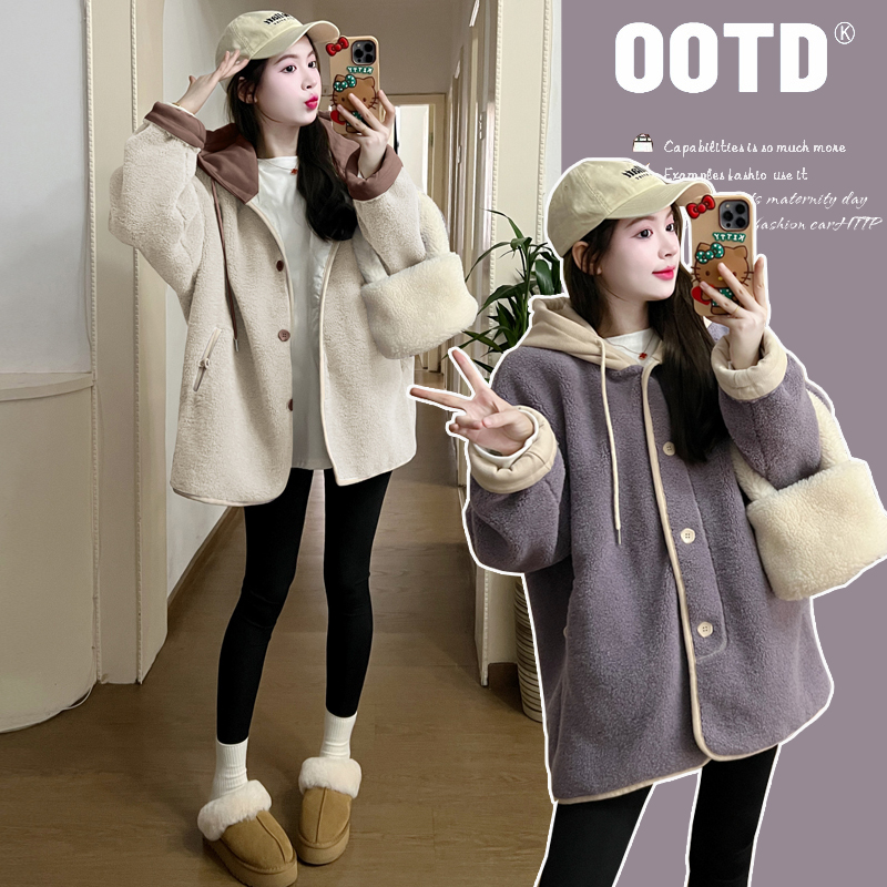 【伊伊】孕妇2025秋冬装加绒中长款韩版加厚宽松羊羔毛连帽外套