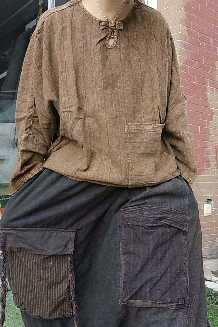 无吊牌水洗做旧条纹棉麻小衫