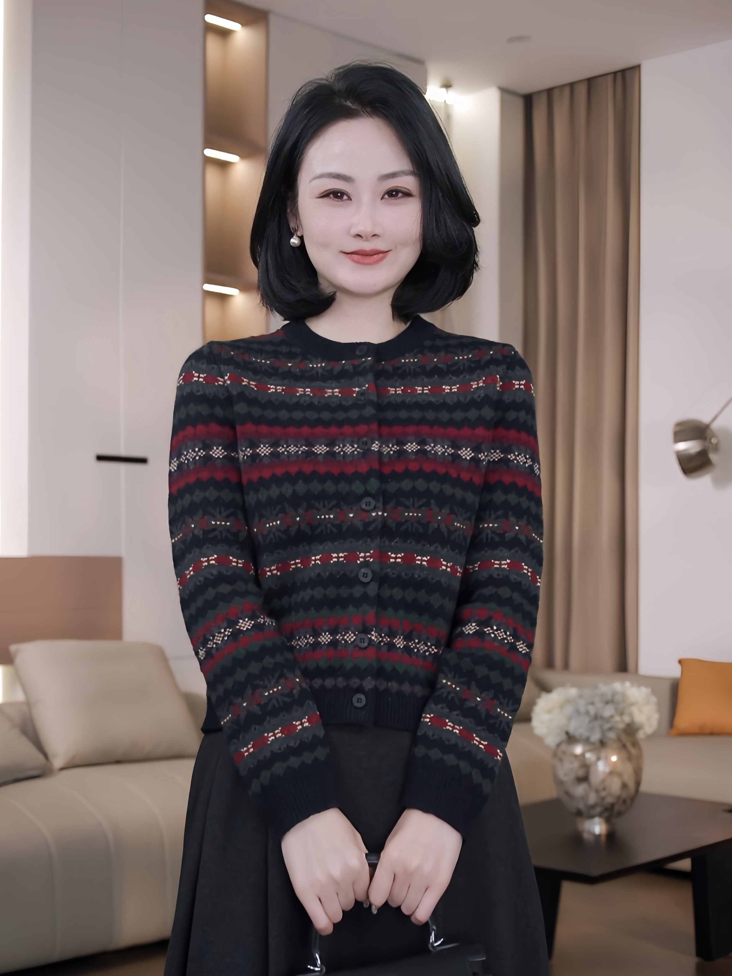 Nuovo Borgo 费尔岛提花圆领羊毛衫高级感撞色长袖针织开衫女2537