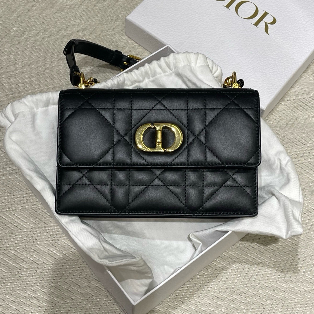 99新 DIOR/迪奥 misscaro系列珐琅扣链条包黑色金扣小号经典轻奢