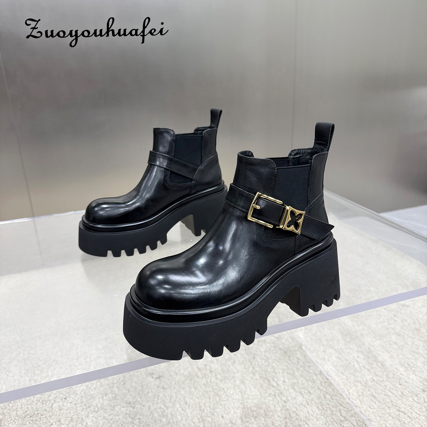 【左右华菲】8cm欧洲站增高厚底切尔西靴秋冬粗跟圆头短靴百搭时尚