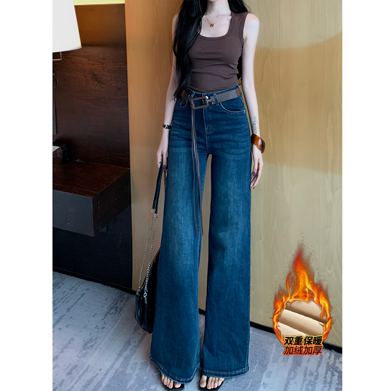 简约百搭不贴腿加绒微喇牛仔裤女2025冬季新款高腰宽松显瘦拖地裤