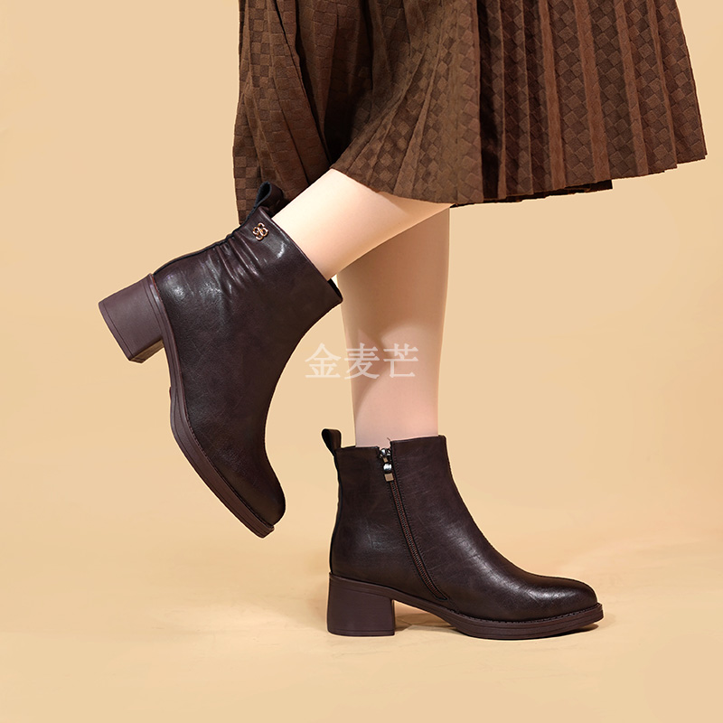 粗跟短靴女2025冬季新款爆款加绒靴子中跟短筒女靴妈妈鞋女士棉靴