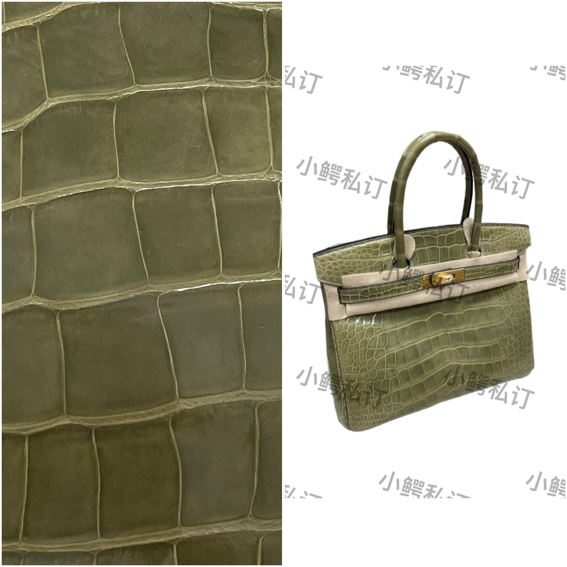 铂金30亮面三条鱼意大利进口美洲鳄鱼皮轻奢纯手工手提女包鳄鱼纹
