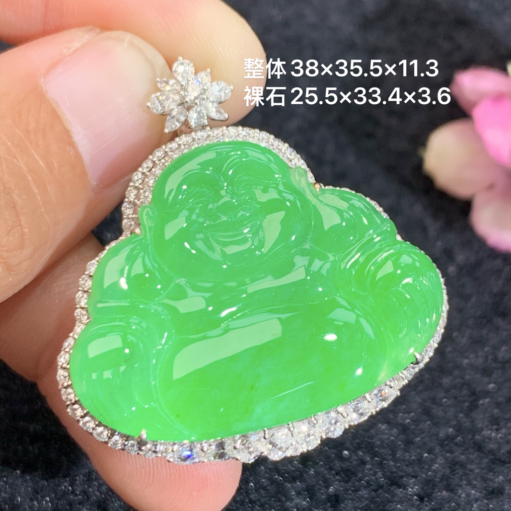 18k金镶嵌天然缅甸A货翡翠阳绿佛公吊38×35.5×11.3/25.5×33.4×3.6