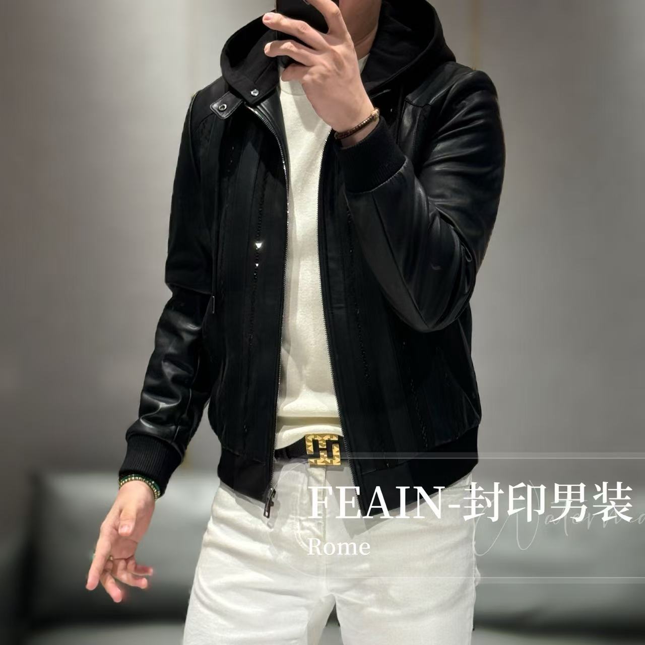 高端进口生态卡丽皮立体拼奥钻可拆卸帽夹克8150
