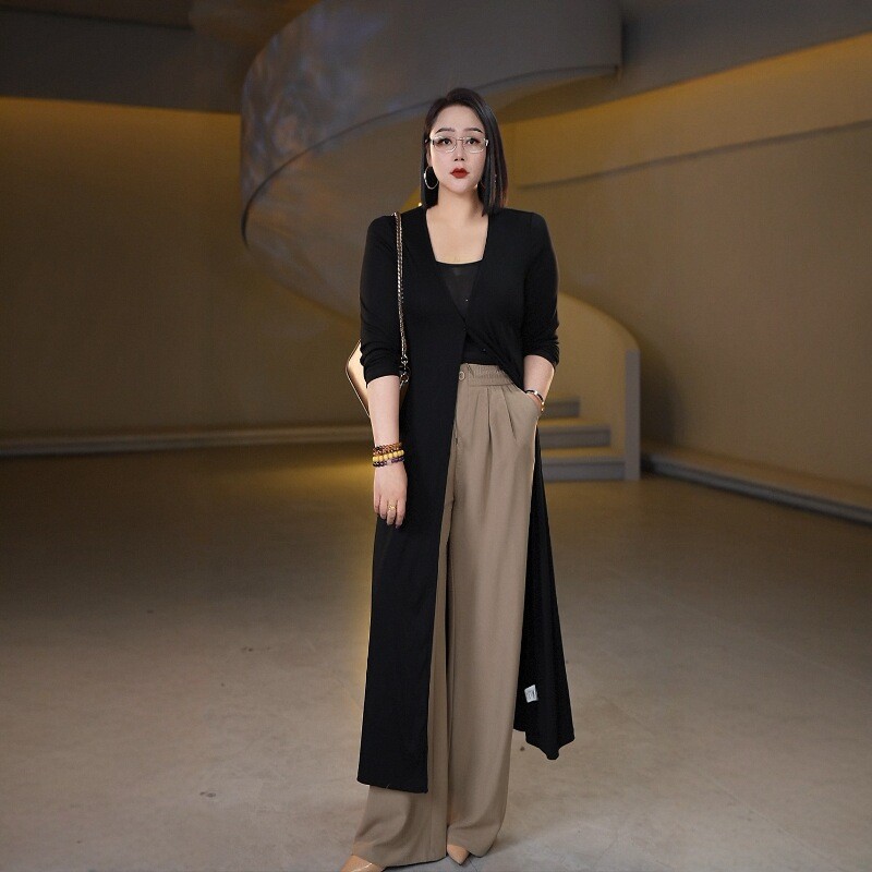 伊馨大码女装2025春季V领气质收腰长款开衫大码法式长款开衫外套