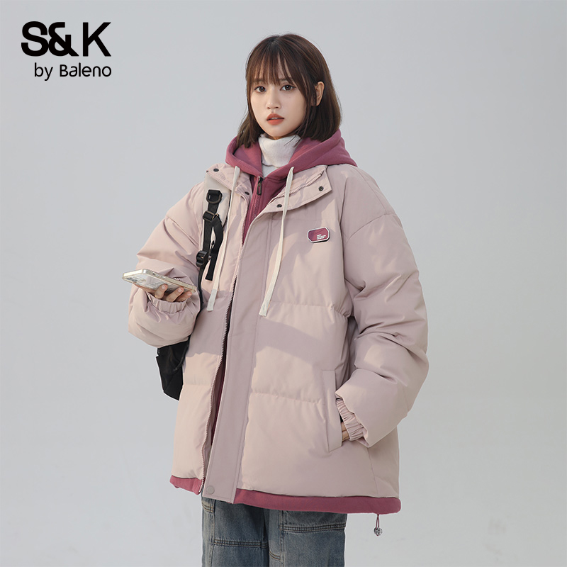 班尼路S&K新款加厚保暖棉服情侣假两件连帽防风御寒撞色棉衣外套