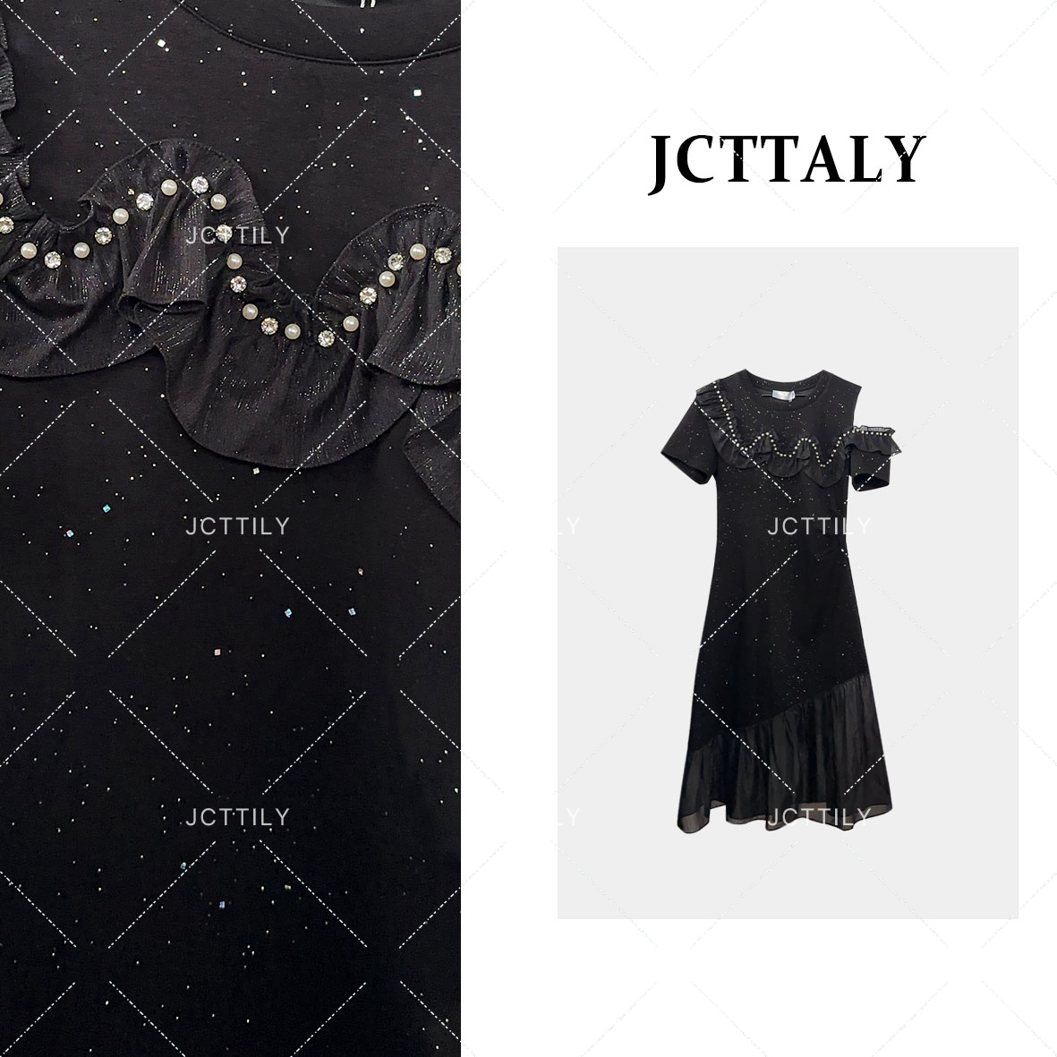 【宠粉价】潮牌定制新款高级感重工钉珠不规则显瘦连衣裙JC-A2991