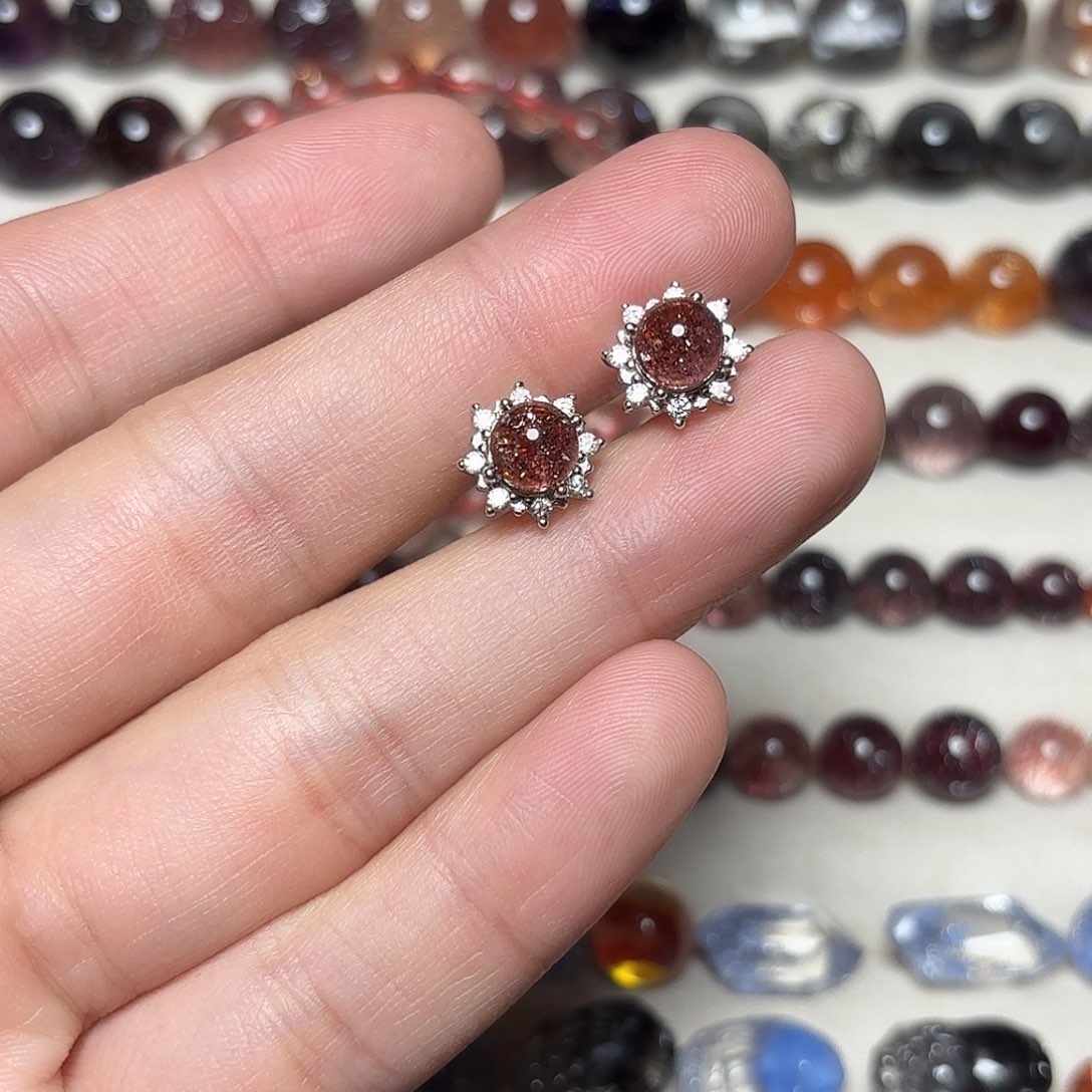 水晶银S925镶嵌珠宝半成品金草莓耳钉