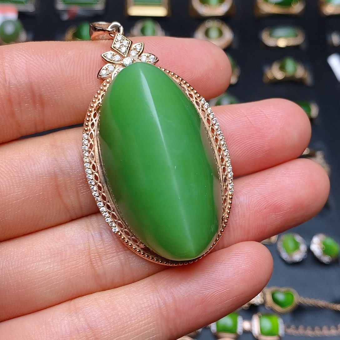 和田玉（碧玉）吊坠银S925镶嵌