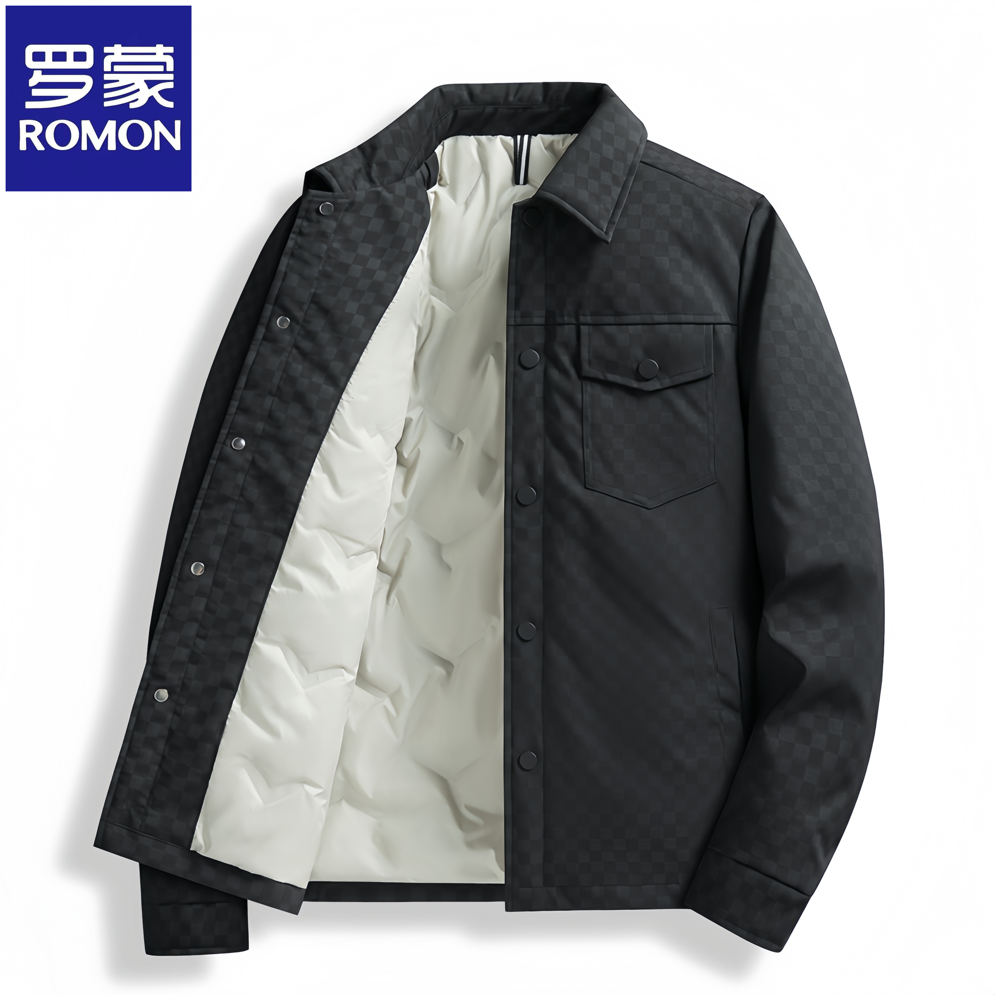  Romon/罗蒙冬季新款轻薄保暖羽绒服修身棋盘格男士翻领夹克外套