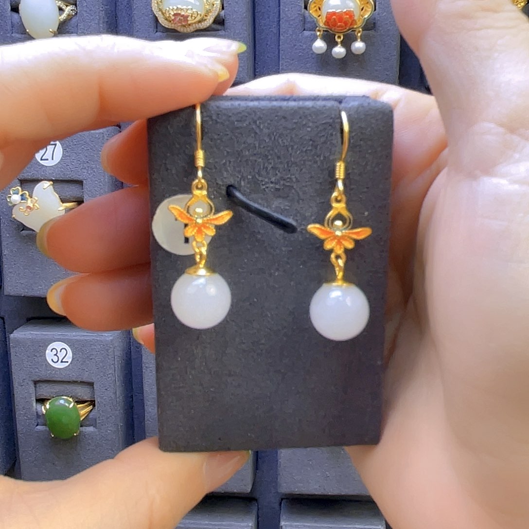 和田玉耳饰银S925镀金镶嵌