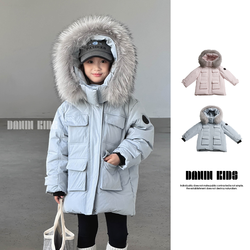 嗒囜【貉子大毛领】90白鸭绒儿童冬装韩款帽子可拆卸冬季保暖羽绒服