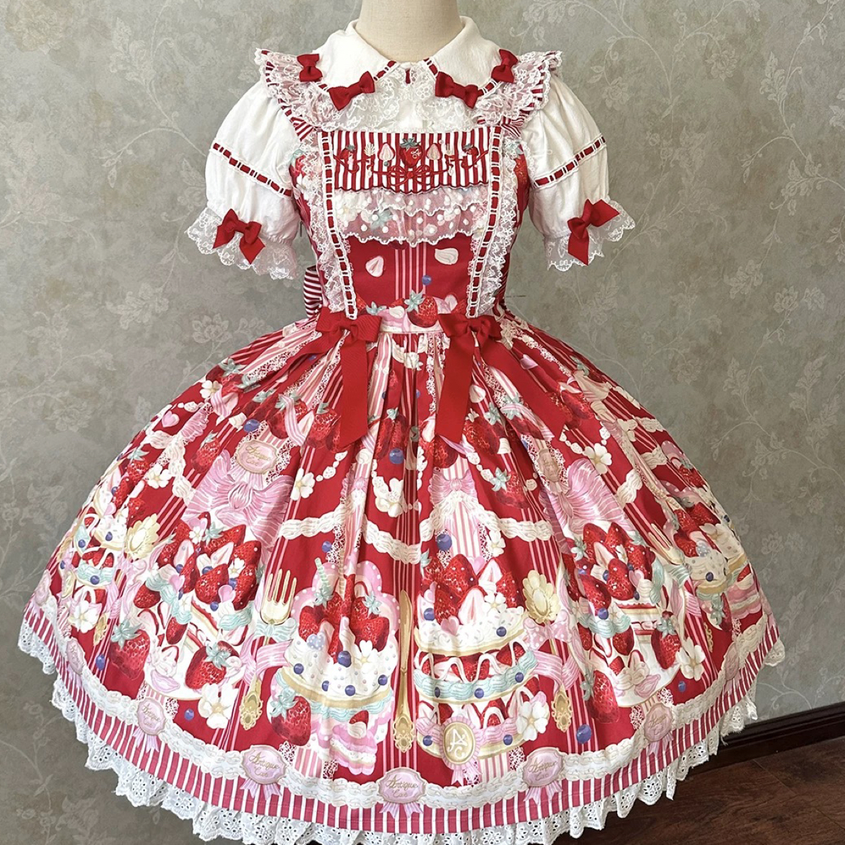 条纹红色Lolita jsk！背带裙可爱甜美古早doll感夏季连衣裙