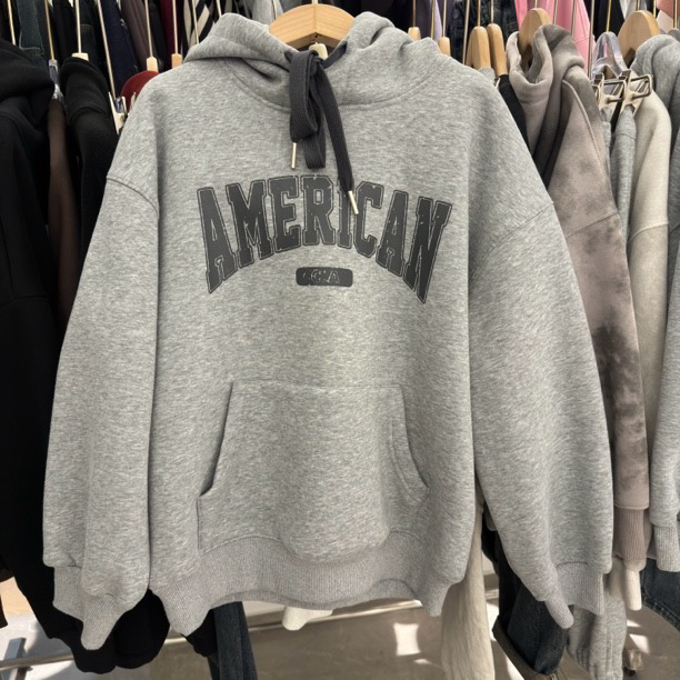 【一体绒】中大童加绒加厚灰色连帽卫衣世上字母印花保暖冬季宽松