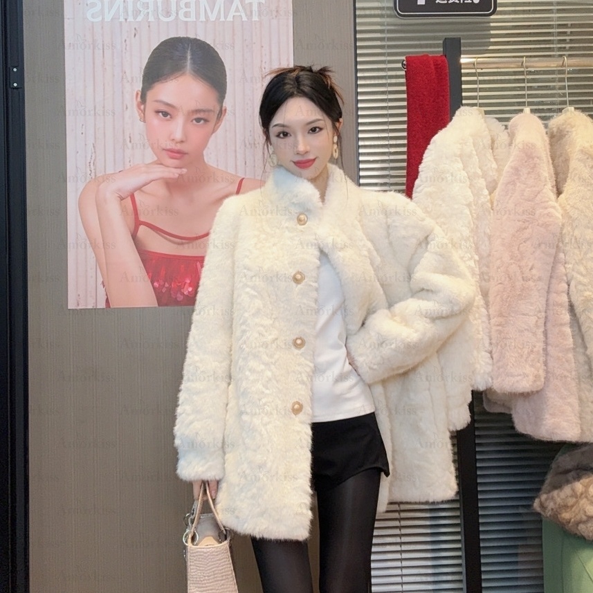花狐貂秋冬季新款皮毛一体中长款外套女水貂绒毛毛仿皮草立领大衣