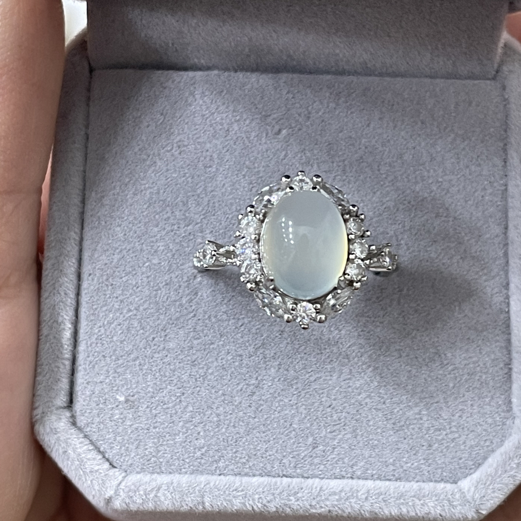 S925银饰镶嵌岫玉白冰 2025爆款活口戒指简约日常百搭