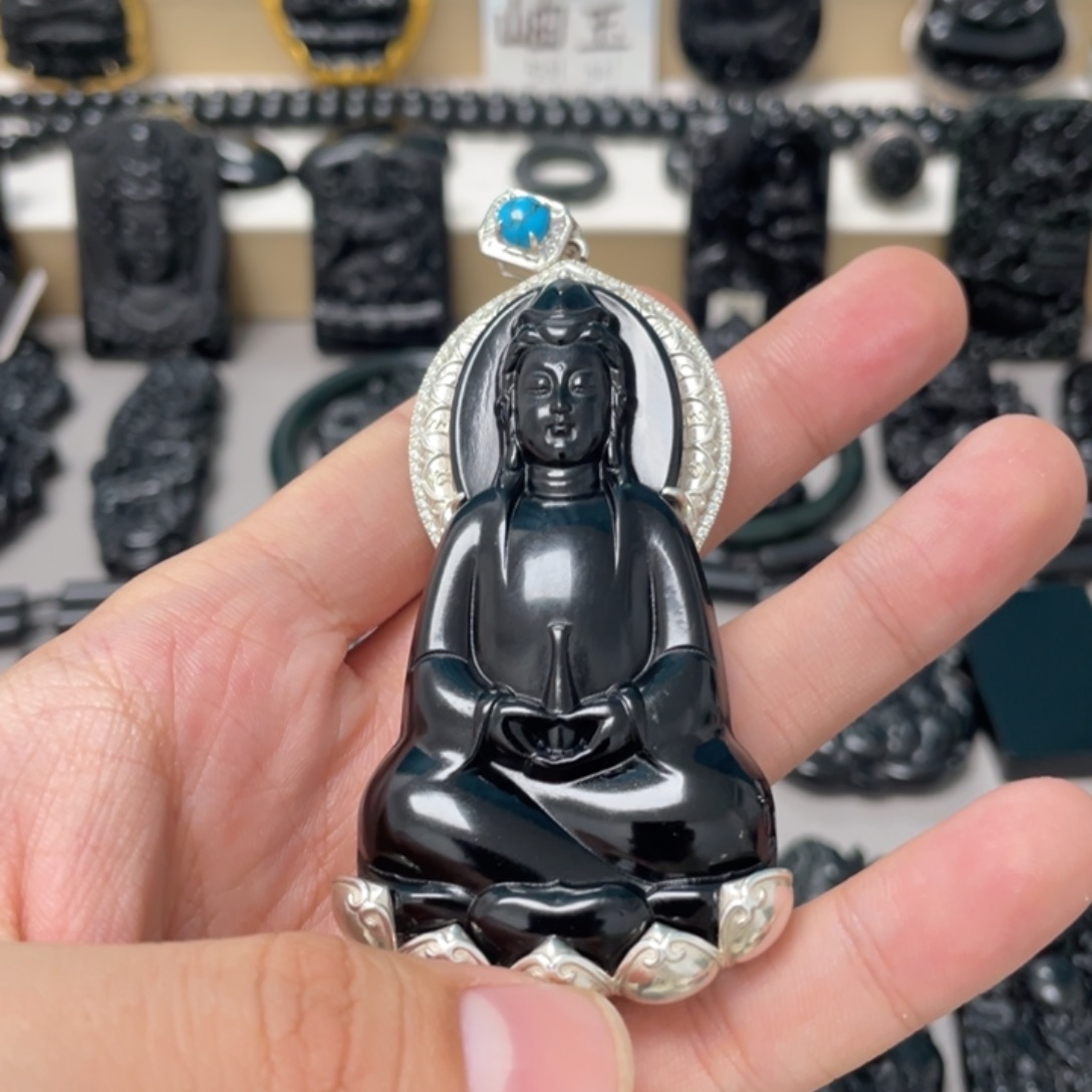 元***卦蛇纹石玉银S925镶嵌吊坠