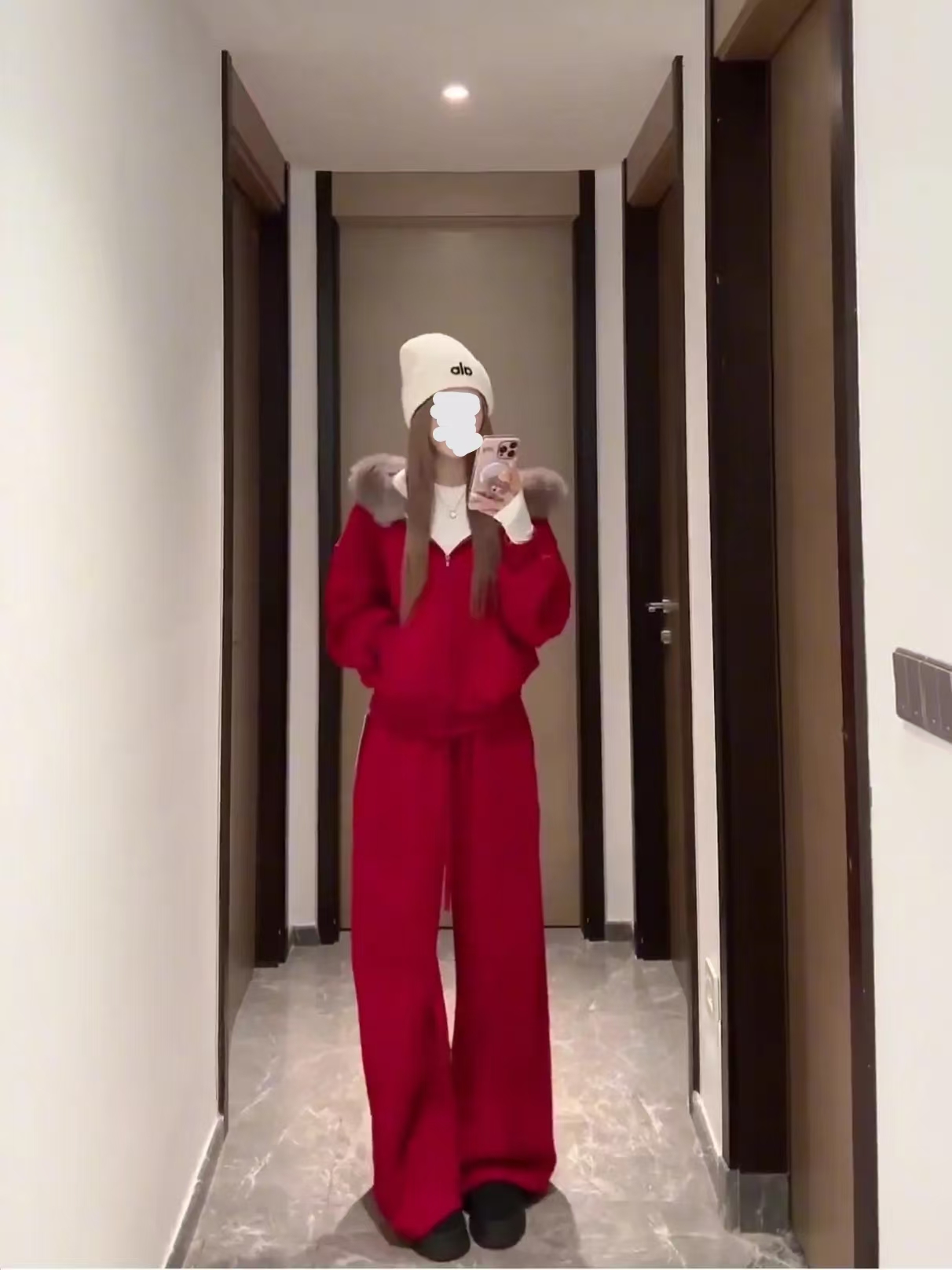 小卓 美式辣妹卫衣套装秋冬季慵懒连帽毛领上衣22962弯刀裤522962